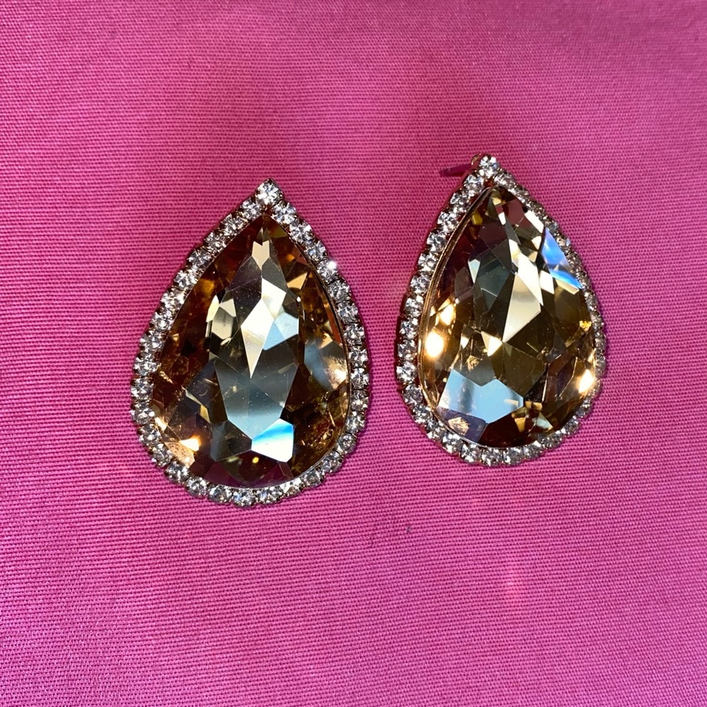 Natasha Couture Gold Hazel Teardrop Earring Studs Rhinestone Encrusted Outline - Picture 7 of 7